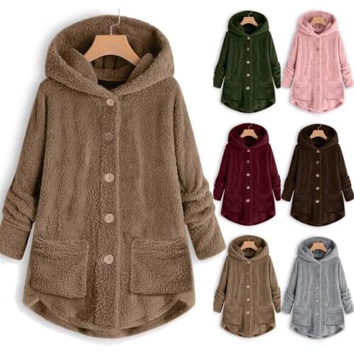2019 New Clothes Women Plus Size Faux Fur Coat Button Plush Tops Hooded Loose Cardigan Wool Coats Winter Jacket куртка женская