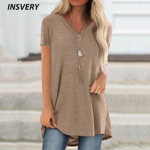 2021 New V Neck T Shirts For Women Summer Shirt Solid Oversized Shirt Women Loose Long Tshirt Office Tops Plus Size S-5XL