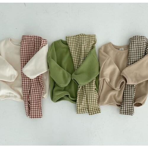 Solid Long Sleeve Shirt + Grid Pants 0-3 Years Baby Girls Boy 2021 Spring Fashion Clothing Sets Clothes Bodysuit For Newborns