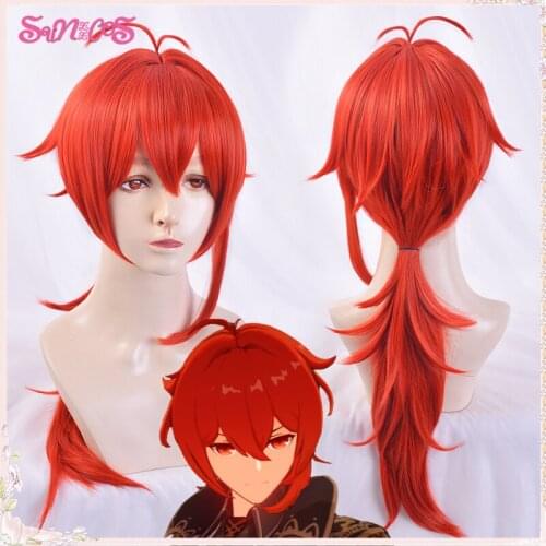 Genshin Impact Cosplay wigs Diluc 65cm Red longer Wig Anime Hair Heat Resistant Synthetic Wigs Halloween Free Wig Cap