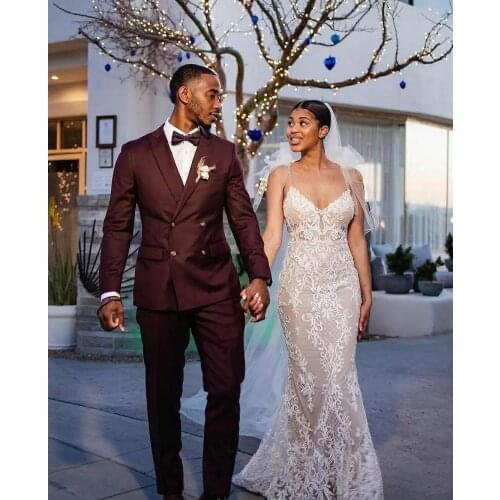 Jacket+Pants) Hot Burgundy Slim Fit Costum Peak Lapel Double Breasted Wedding Man Suit 2 Piece Formal Man Blazer Custom Made