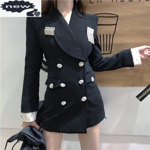 Streetwear Suits Women Fashion Diamond Double Breasted Slim Black Suit Jacket Elegant Lapel Office Lady Medium Long Coat S-XL