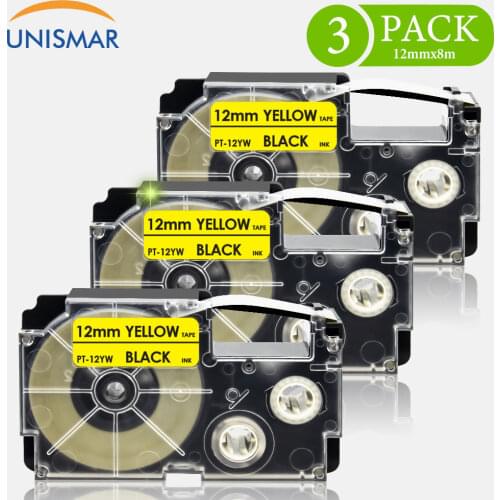 Unismar 3PK XR-12YW 12mm Labeling Tape Black on Yellow Ribbon for Casio KL-60 KL-120 KL-170 KL-100 Label Maker XR 12YW XR12YW
