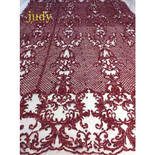 Stock 5yards/bag HL331 Burgundy check lace flash powder fabric with beads mesh for wedding dresses Free shipping