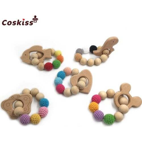 Crochet Bead Teething Ring Untreated Maple Baby Teether With Organic Wooden Animal Bracelet Baby Mom Kids Wooden Teether Bangle