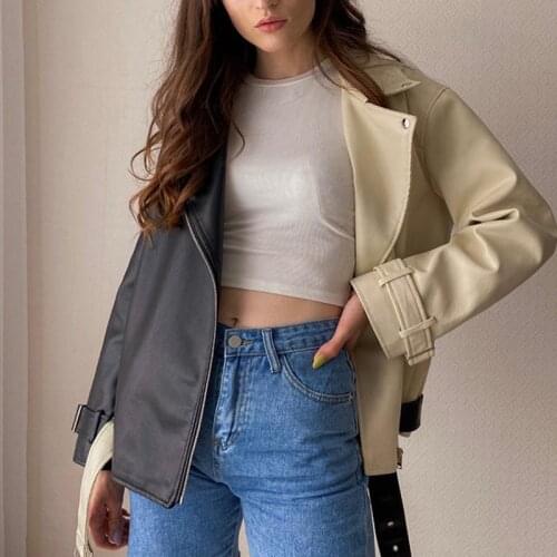 Ailegogo New Autumn Women Lapel Black Beige Splicing Pu Leather Jacket with Belt Moto Bike Soft Faux Leather Coat Loose Outwear