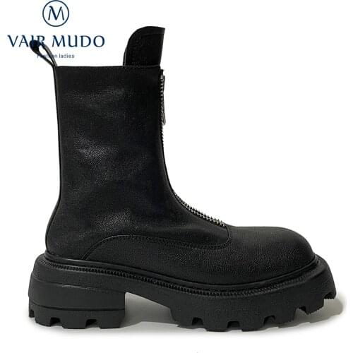 VAIR MUDO Ankle Martin Boots Elegant Fashion Thick Bottom Black White Concise Solid Footwear Shoes Women Genuine LeatherDX133L