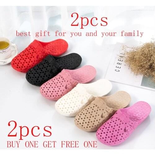 2PCS Womens Sandals Summer Flat Women Jelly Shoes Casual Soft Comfortable Hole Shoes Beach Ladies Flat Female Sandals Slippers