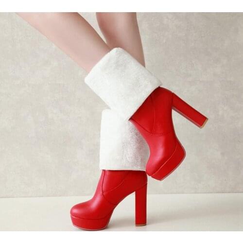 Women Winter Warm Plush Snow Boots Fashion Slip On Thin Heel Mid Calf Boots Ladies Pointed Toe Shoes Woman Black Red White