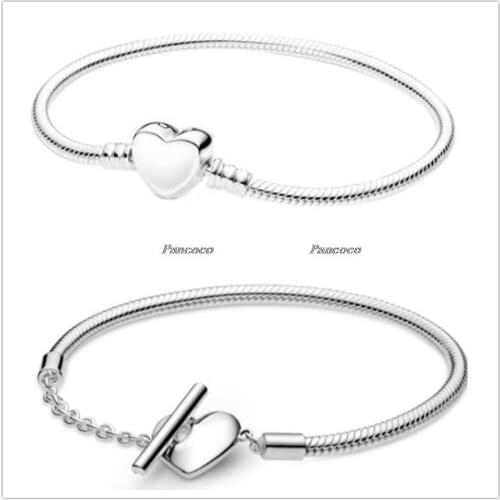Authentic 925 Sterling Silver Bracelet Moments Heart T-bar Snake Chain Bracelet For Women Diy Pandora Jewelry