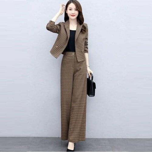 Fashion Work Blazer Pant Suits Womens Office Slim Jacket Plaid High Waist Wide Leg Pants Two Piece Sets Female Business Suit