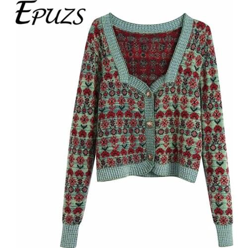 Vintage Long Square collar Floral Print Knitted Sweater Za 2020 Women Elegant Embroidexy Cardigan Sweater Casual Loose Chic Top