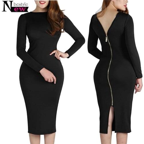 Maxi Simple Round Collar Knee-Length Sexy Elegant Dress Women Long Sleeve Full Zipper Tight Design Fitted Dresses Women vestidos