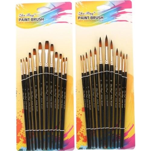 12pcs Watercolor Painting Art Supplies Nylon Hair Black Handle Watercolor Paint Brush Pointed Flat Head Paint Brushes Set