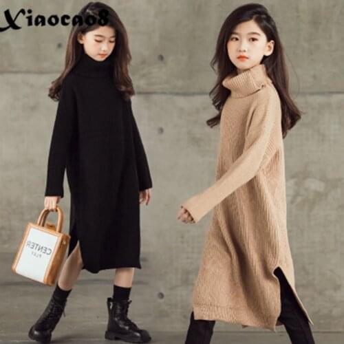 2021 New Kids Cotton Knitted Sweater Dresses for Girls Solid Turtleneck Casual Long Dress Teen Toddler Fall Clothes Children 6 8