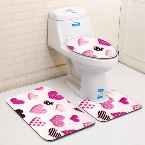 3pc/set Love Heart Pink Flower Print Anti-slip Bathroom Floor Mat Set Home Decor Shower Velvet Toilet Cover Rug Bath Door Carpet