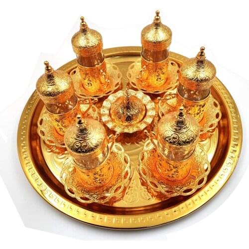 Handmade authentic Design Turkish Greek Arabic Coffee Espresso Set for 6 Service, Cups Saucers Lids Tray Delight Candy Dish GIFT