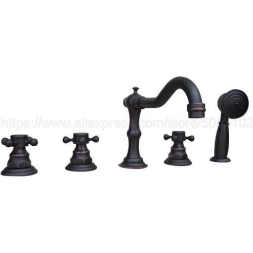 Black Oil Rubbed Brass 5pcs Bathroom Tub Sink Faucet with Hand Shower Deck Mounted 5 Holes 3 Handles Bathtub Taps ztf062