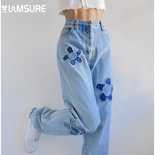 IAMSURE Patchwork Floral Pattern Jeans Women Loose Casual High Waisted Trousers Sweet Wide Leg Pants 2021 Fashion Streetwear