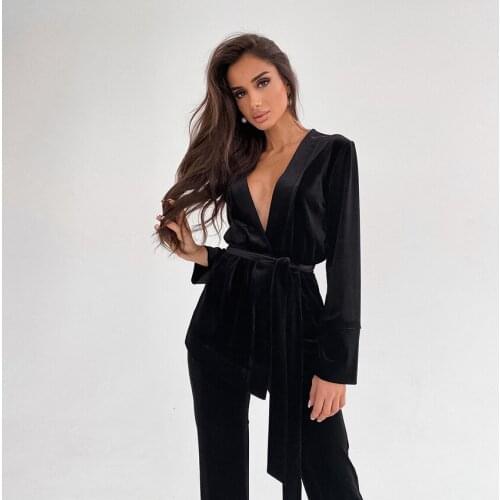 Hiloc Solid Color Knitting Sleepwear Robe Pajama Set Woman 2 Pieces Autumn Trouser Suits Velour Nightgown Lace Up Bathrobes Sets