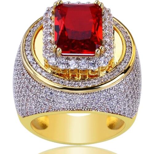 Hip Hop Bling Iced Out Full Rhinestone Cz Zircon Ring Red Stone Luxury Women Ring Mens Fashion Finger Ring Dropshipping