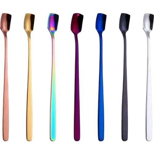 Stainless Steel Square Head Coffee Spoon Colorful Long Handle Cocktail Stirring Scoops For Dessert Ice Spoons