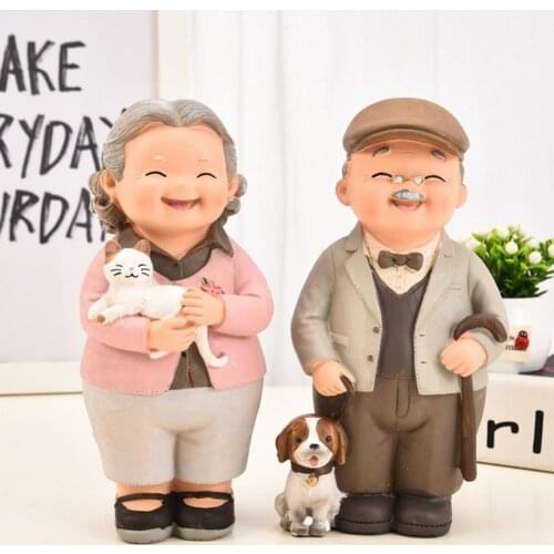 2Pcs Cartoon Old Couple Resin Model Miniature Figurines DIY Craft Desktop Ornament Realistic Figurine Miniatures Home Decor