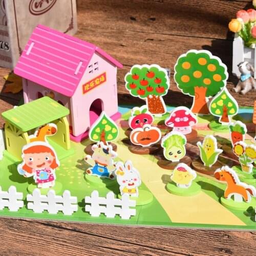 Assemble Scenario Building Block 3D Happy Farm Blocks Kids Dollhouse Miniature Pretend Play Educational Children Wood Toys Gift