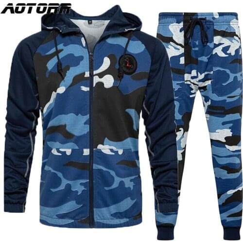 Men 2 Pieces Tracksuit Military Hoodie Sets Mens Camouflage Autumn Winter Zipper Sweatshirt + Sweatpants Sportswear Clothing