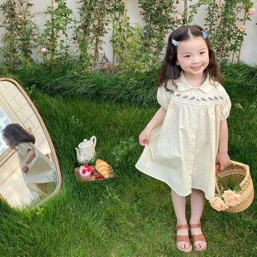 Summer girls cotton doll collar cute embroidery shirt dress loose cool single-breasted casual dresses