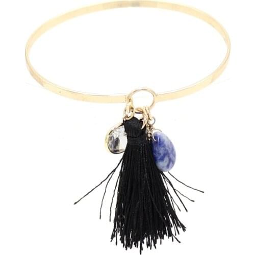 Fashion Black Tassel Blue Waterdrop Stone Great Quality Copper Made Cross Charm Open Cuff Bangle Bracelet for Women