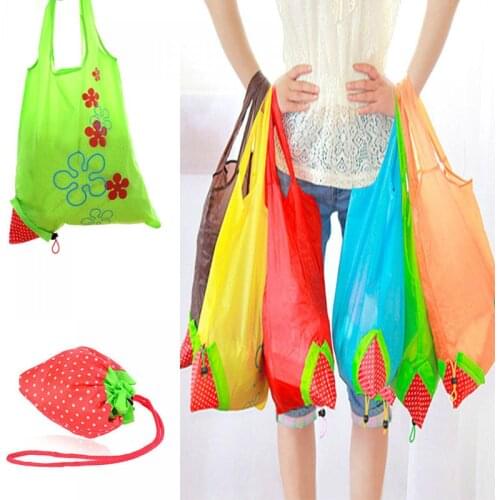 New Nylon Large Washable Reusable Strawberry Heavy Shopping Bags Grocery Foldable Tote Eco Storage Handbag Ashion Pocket Tote