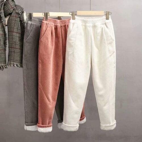 New 2020 Winter Women Solid Color Corduroy Pants Elastic Waist Warmth Casual Thick Fleece Pockets Autumn Fashion Female Trousers