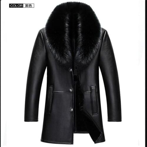 New arrival clothing hihg quality male Fur collar plus veleet fur one piece leather thick outerwear luxury mens size M- 4XL