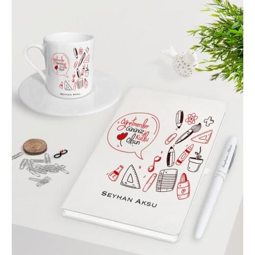 Personalized Teachers Present-Day Happy White Notebook Pen Turkish coffee Cup Seti-2