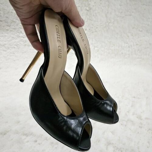 Sexy Black Leather Slide Sandals High Heel Popular Dress Party Women Sandals Summer New Peep Toe Stiletto 11cm Heels Shoes