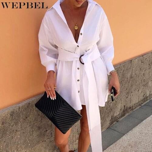 WEPBEL Women Loose Fashion Shirt Dress Ladies Elegant Long Lantern Sleeve Turn Down Collar Lace Up Mini Dress