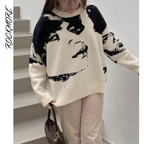 Rockmore Casual Loose Sweaters Autumn Women Vintage Knit Jumpers Y2K Aesthetic Pullovers Korean Oversize Casual Knitwear Grunge