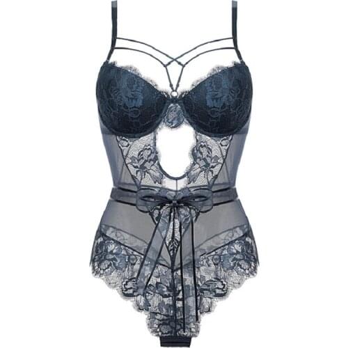 Sexy Bodysuit Women Lingerie Corset Top Push Up Bow Lace Bra Cup Underwire Hollow Out Waist Slim Body Shaper Bustier Jumpsuit