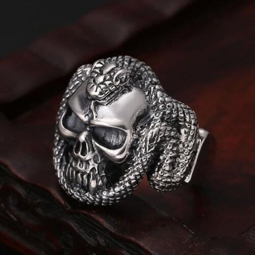 100% 925 Silver Surpent Skull Ring Vintage 925 sterling silver Snake Skeleton ring PUNK Skull ring