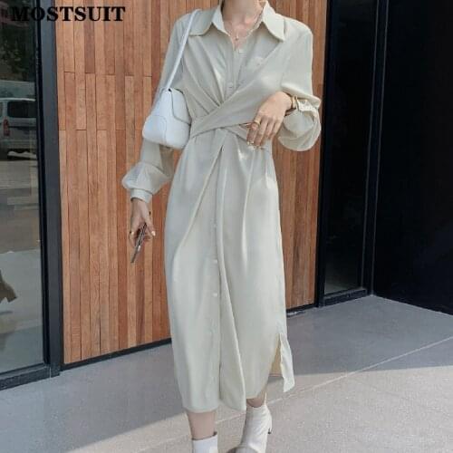 Chic Stylish Solid Women Shirt Dress Full Sleeve Single Breasted Slim Waist Criss-cross Dresses Workwear Casual Fashion Vestidos