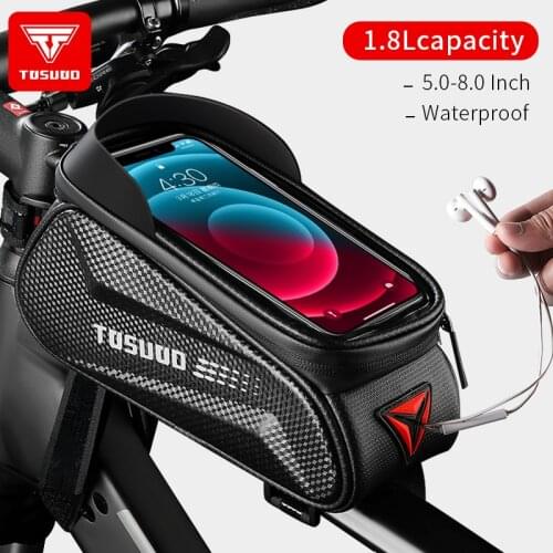 TOSUOD Bike Bag 1.8L Frame Front Tube Rainproof Cycling Bag Bicycle Waterproof Phone Case 8 Inches Touchscreen Hard Shell Bag