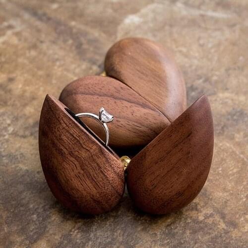 Heart Shaped Walnut Ring Box Chest Coin Jewelry Case for Proposal Engagement