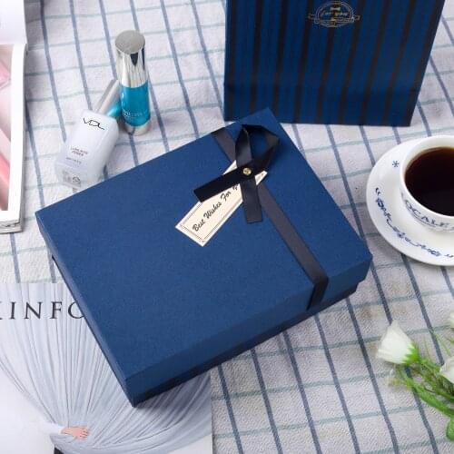 Navy Blue Gift Box with Lid & Ribbon(Foldable) 21x15x7cm Recyclable, Solid and Durable Perfect for Wrapping, Birthday, Parties