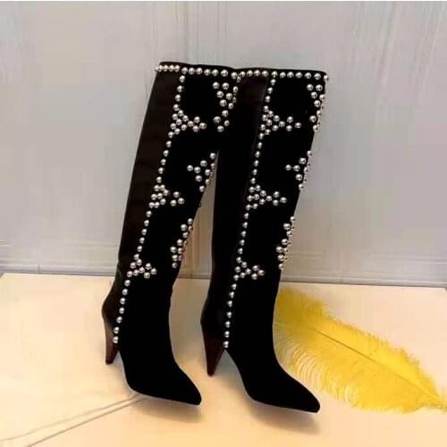 Womens Shoes Paris Lyork Boots Silver-tone Studs Pointed Toe Heel 10.5 Cm Black Knee Boots