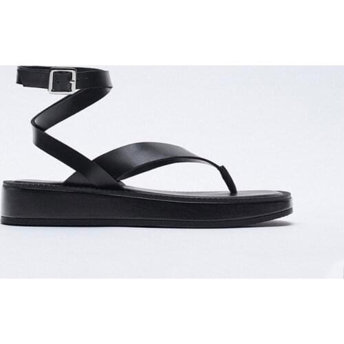 2021 Summer Womens Shoes Square Head Black Bandage Flat Bottomed Cow Leather Fashion Clip Toe Sandals Sandalias Mujer Slides