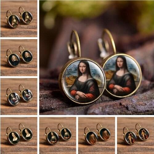 Fashion Bronze Color Punk Style Earrings Da Vinci Oil Painting Mona Lisas Smile Stud Earrings Glass Cabochon Jewelry for Women