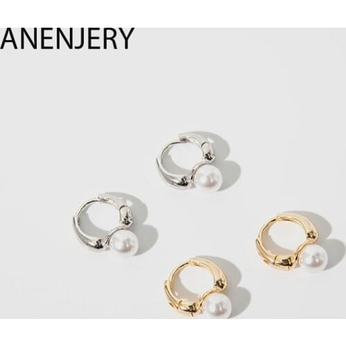 ANENJERY 925 Sterling Silver Vintage Pearl Hoop Earrings For Women Simple French Cold Wind Jewelry Gift S-E1472