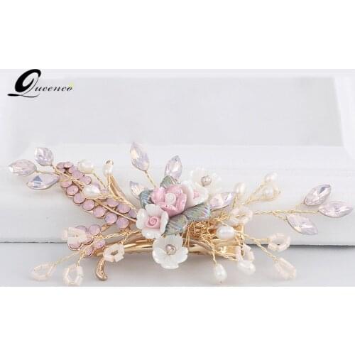 Pink Crystal Pearl Floral Bridal Hair Clip Wedding Bridal Hair Accessories Fashion Women Headpiece High Quality Hair Jewelry