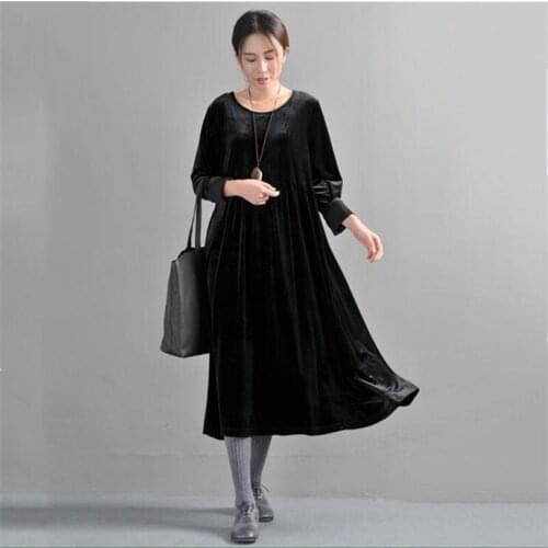 Women Autumn Winter 2020 New Velvet Long Dress Plus Size Full Sleeve O Neck Casual Loose Slim Dress Female Clothing M-6XL 7XL
